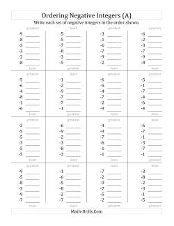 Ordering Negative Integers (Range -9 to -1)