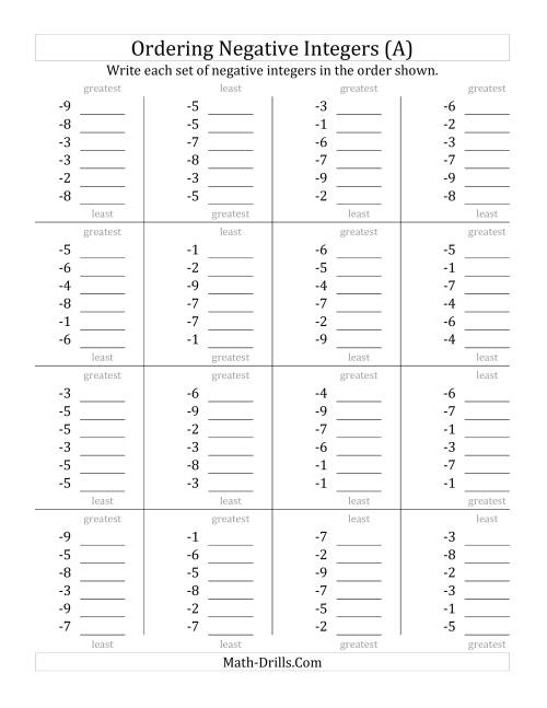 The Ordering Negative Integers (Range -9 to -1) (A) Math Worksheet