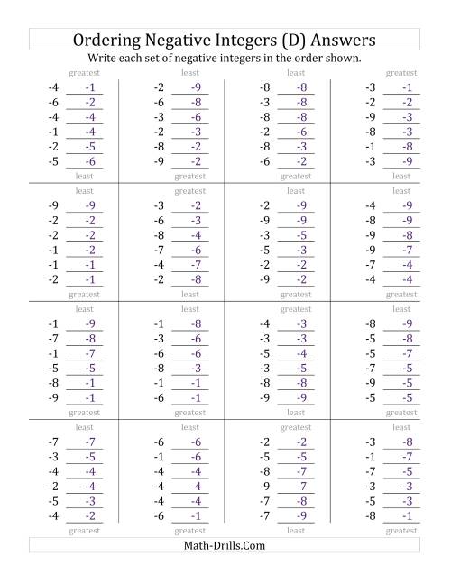 The Ordering Negative Integers (Range -9 to -1) (D) Math Worksheet Page 2