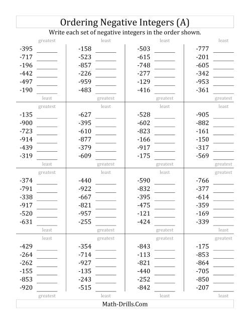 The Ordering Negative Integers (Range -999 to -100) (A) Math Worksheet