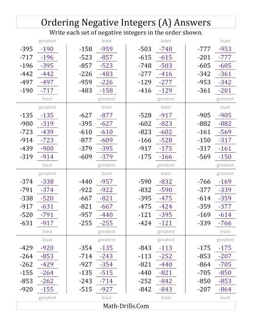 The Ordering Negative Integers (Range -999 to -100) (A) Math Worksheet Page 2