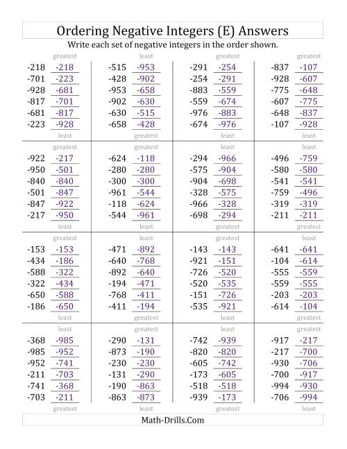 The Ordering Negative Integers (Range -999 to -100) (E) Math Worksheet Page 2