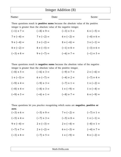 The Scaffolded Mixed Integer Addition (B) Math Worksheet