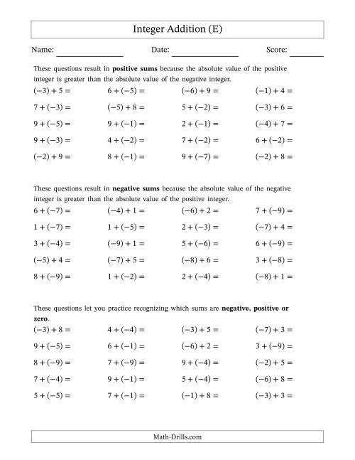 The Scaffolded Mixed Integer Addition (E) Math Worksheet