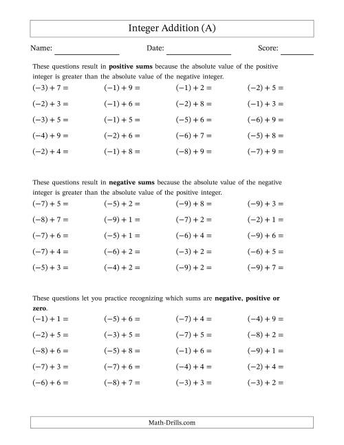 The Scaffolded Negative Plus Positive Integer Addition (A) Math Worksheet