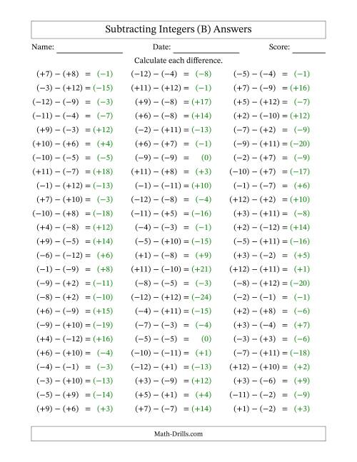 The Subtracting Mixed Integers from -12 to 12 (75 Questions; All Parentheses) (B) Math Worksheet Page 2