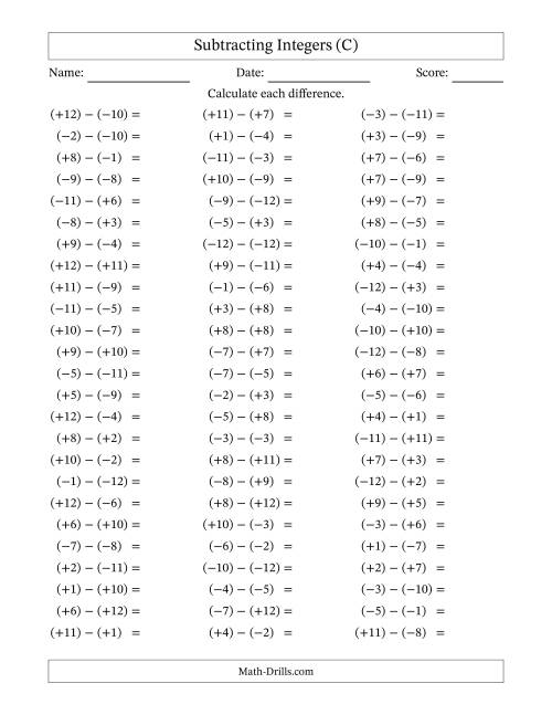 The Subtracting Mixed Integers from -12 to 12 (75 Questions; All Parentheses) (C) Math Worksheet