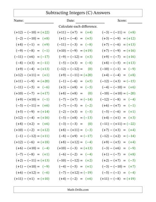 The Subtracting Mixed Integers from -12 to 12 (75 Questions; All Parentheses) (C) Math Worksheet Page 2