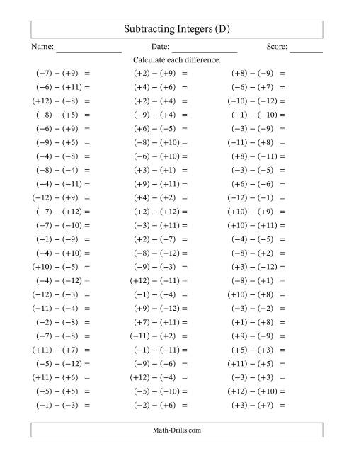 The Subtracting Mixed Integers from -12 to 12 (75 Questions; All Parentheses) (D) Math Worksheet