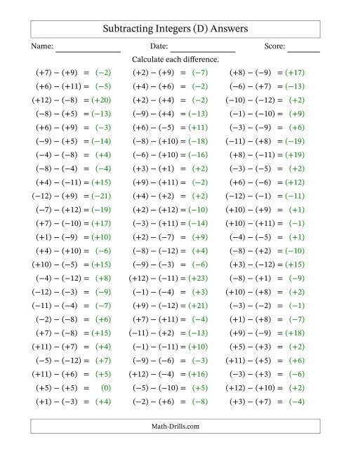The Subtracting Mixed Integers from -12 to 12 (75 Questions; All Parentheses) (D) Math Worksheet Page 2