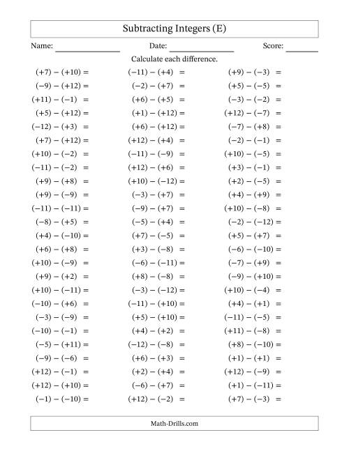 The Subtracting Mixed Integers from -12 to 12 (75 Questions; All Parentheses) (E) Math Worksheet