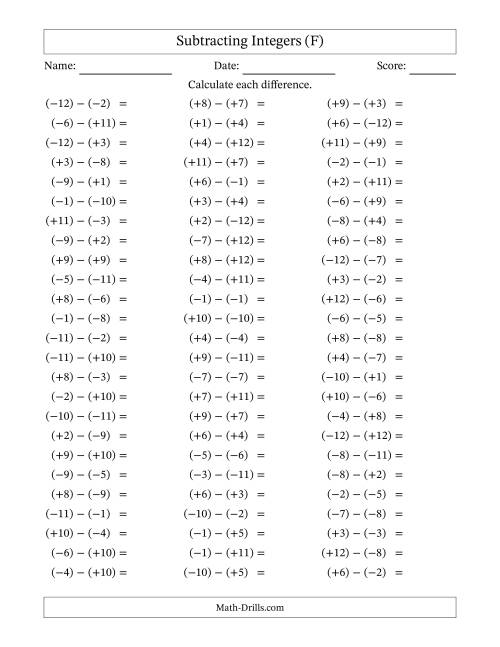 The Subtracting Mixed Integers from -12 to 12 (75 Questions; All Parentheses) (F) Math Worksheet