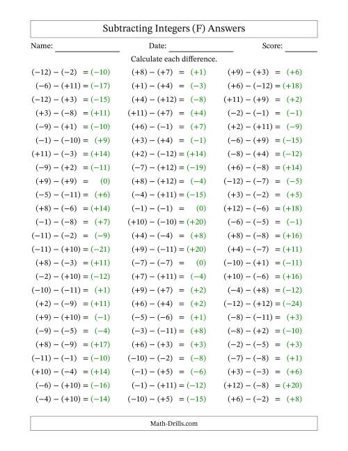 The Subtracting Mixed Integers from -12 to 12 (75 Questions; All Parentheses) (F) Math Worksheet Page 2