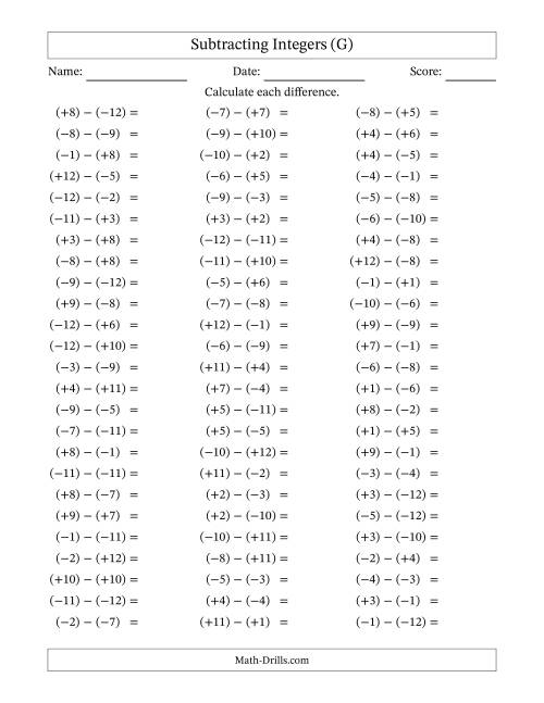 The Subtracting Mixed Integers from -12 to 12 (75 Questions; All Parentheses) (G) Math Worksheet