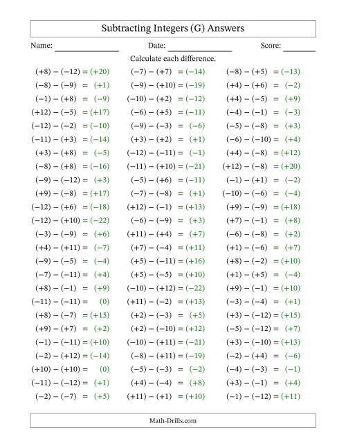 The Subtracting Mixed Integers from -12 to 12 (75 Questions; All Parentheses) (G) Math Worksheet Page 2