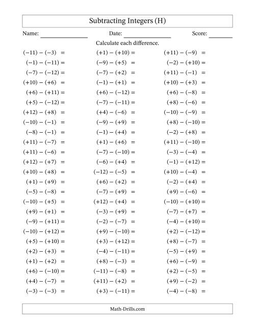 The Subtracting Mixed Integers from -12 to 12 (75 Questions; All Parentheses) (H) Math Worksheet