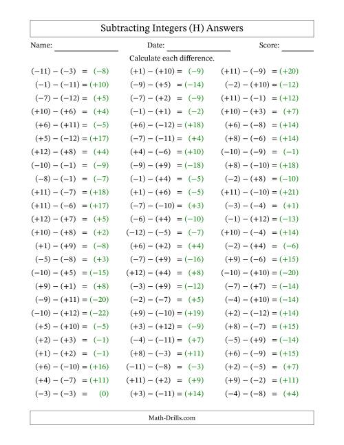 The Subtracting Mixed Integers from -12 to 12 (75 Questions; All Parentheses) (H) Math Worksheet Page 2