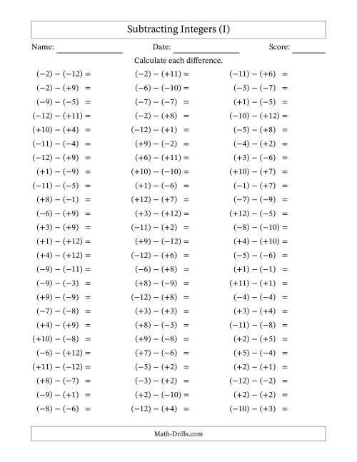 The Subtracting Mixed Integers from -12 to 12 (75 Questions; All Parentheses) (I) Math Worksheet