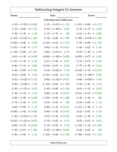 The Subtracting Mixed Integers from -12 to 12 (75 Questions; All Parentheses) (I) Math Worksheet Page 2