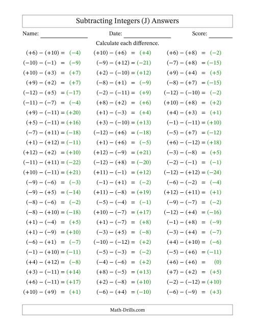 The Subtracting Mixed Integers from -12 to 12 (75 Questions; All Parentheses) (J) Math Worksheet Page 2