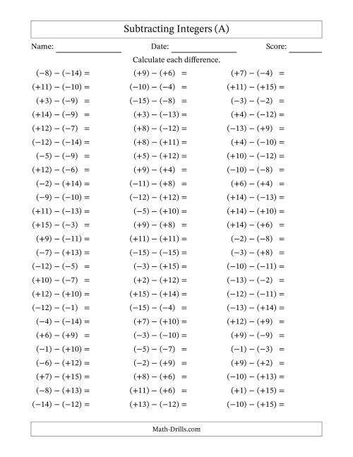 The Subtracting Mixed Integers from -15 to 15 (75 Questions; All Parentheses) (A) Math Worksheet