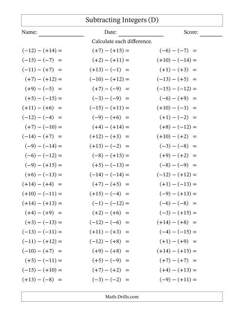 The Subtracting Mixed Integers from -15 to 15 (75 Questions; All Parentheses) (D) Math Worksheet