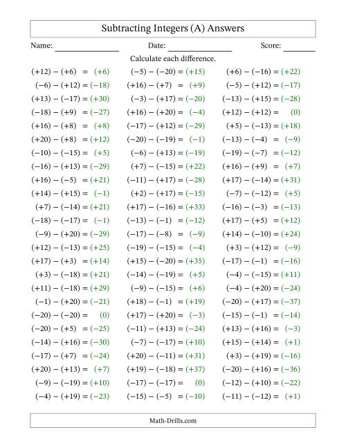 The Subtracting Mixed Integers from -20 to 20 (75 Questions; All Parentheses) (A) Math Worksheet Page 2