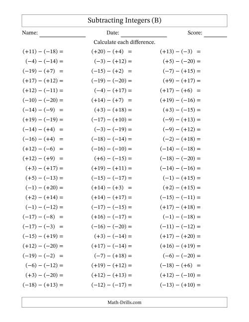 The Subtracting Mixed Integers from -20 to 20 (75 Questions; All Parentheses) (B) Math Worksheet