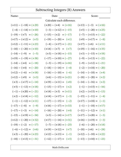 The Subtracting Mixed Integers from -20 to 20 (75 Questions; All Parentheses) (B) Math Worksheet Page 2
