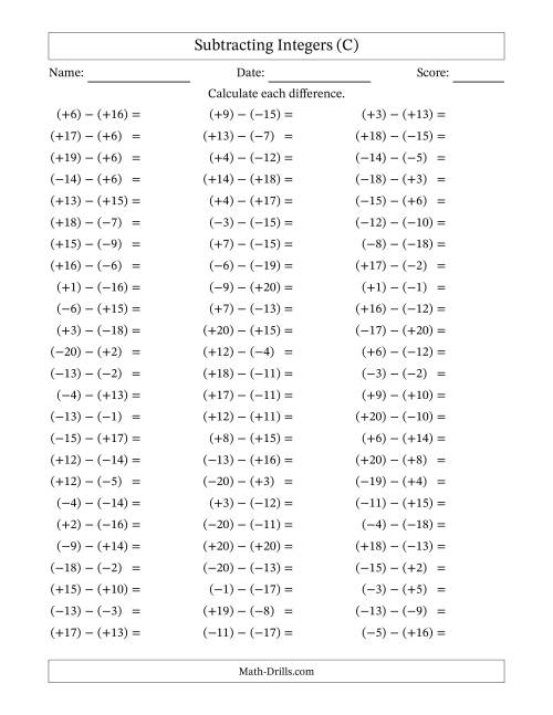 The Subtracting Mixed Integers from -20 to 20 (75 Questions; All Parentheses) (C) Math Worksheet