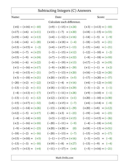 The Subtracting Mixed Integers from -20 to 20 (75 Questions; All Parentheses) (C) Math Worksheet Page 2