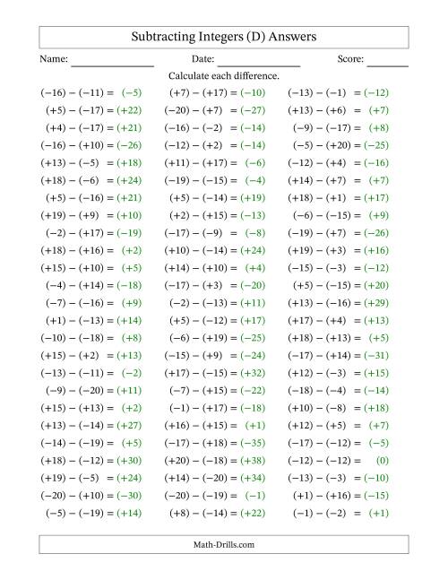 The Subtracting Mixed Integers from -20 to 20 (75 Questions; All Parentheses) (D) Math Worksheet Page 2
