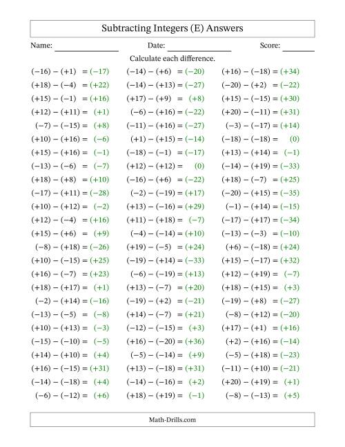 The Subtracting Mixed Integers from -20 to 20 (75 Questions; All Parentheses) (E) Math Worksheet Page 2