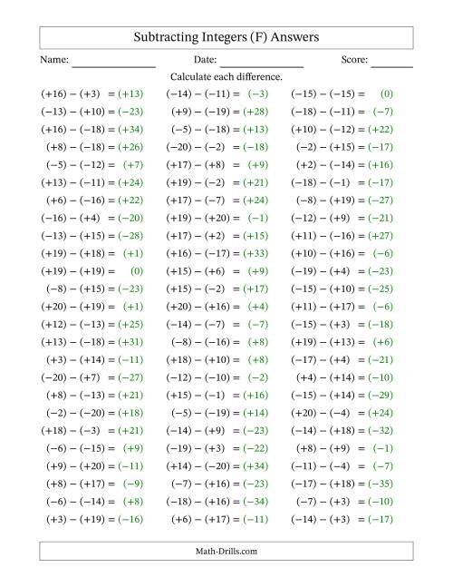 The Subtracting Mixed Integers from -20 to 20 (75 Questions; All Parentheses) (F) Math Worksheet Page 2