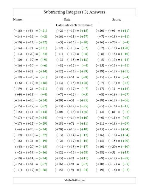 The Subtracting Mixed Integers from -20 to 20 (75 Questions; All Parentheses) (G) Math Worksheet Page 2