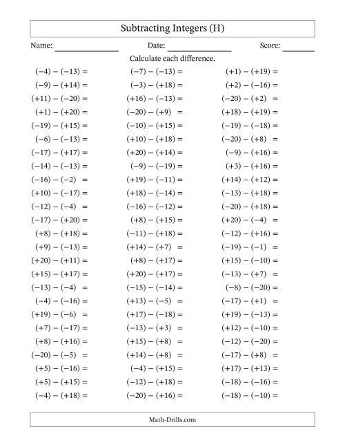 The Subtracting Mixed Integers from -20 to 20 (75 Questions; All Parentheses) (H) Math Worksheet