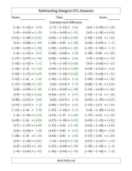 The Subtracting Mixed Integers from -20 to 20 (75 Questions; All Parentheses) (H) Math Worksheet Page 2