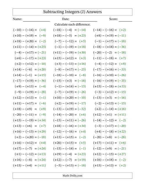The Subtracting Mixed Integers from -20 to 20 (75 Questions; All Parentheses) (J) Math Worksheet Page 2