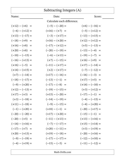 The Subtracting Mixed Integers from -20 to 20 (75 Questions; All Parentheses) (All) Math Worksheet