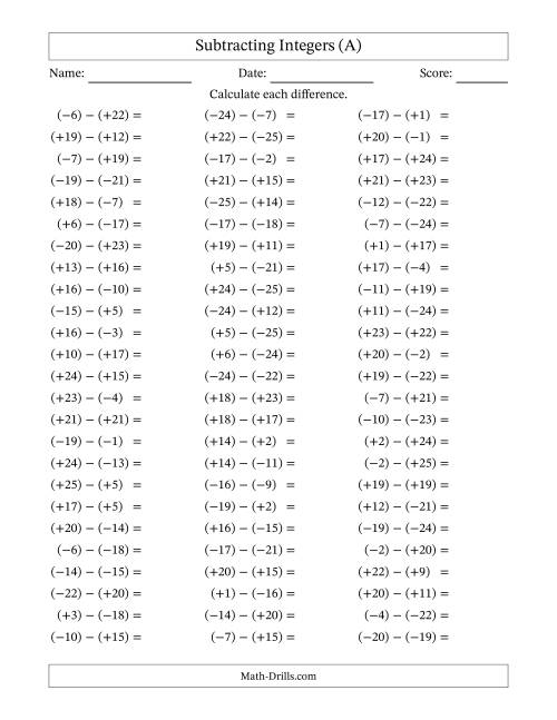 The Subtracting Mixed Integers from -25 to 25 (75 Questions; All Parentheses) (A) Math Worksheet