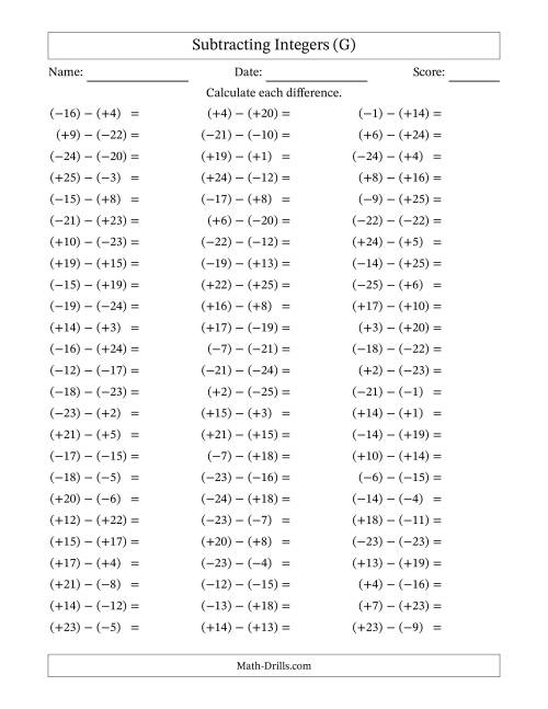 The Subtracting Mixed Integers from -25 to 25 (75 Questions; All Parentheses) (G) Math Worksheet