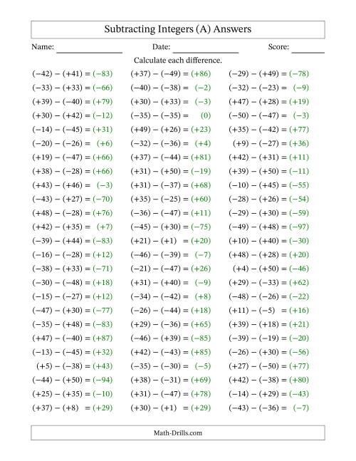 The Subtracting Mixed Integers from -50 to 50 (75 Questions; All Parentheses) (A) Math Worksheet Page 2