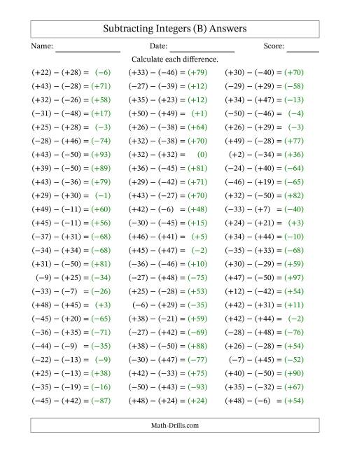 The Subtracting Mixed Integers from -50 to 50 (75 Questions; All Parentheses) (B) Math Worksheet Page 2