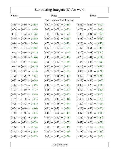 The Subtracting Mixed Integers from -50 to 50 (75 Questions; All Parentheses) (D) Math Worksheet Page 2
