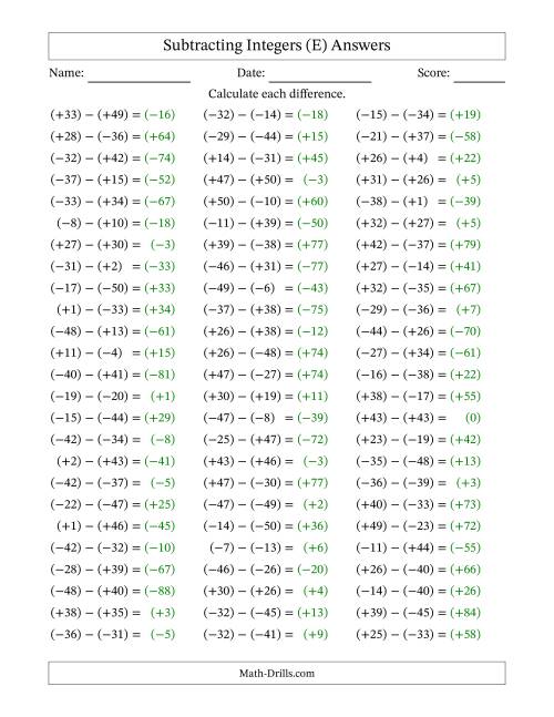 The Subtracting Mixed Integers from -50 to 50 (75 Questions; All Parentheses) (E) Math Worksheet Page 2