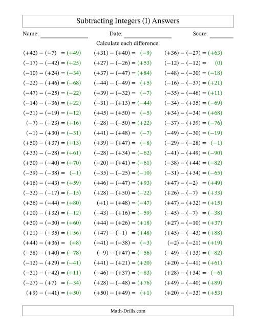 The Subtracting Mixed Integers from -50 to 50 (75 Questions; All Parentheses) (I) Math Worksheet Page 2