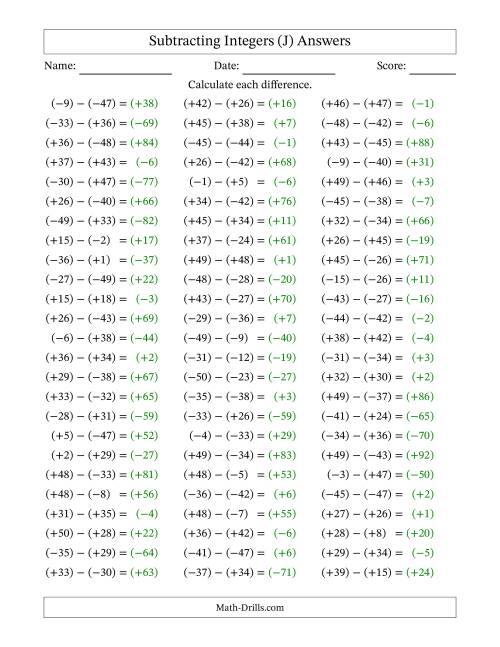 The Subtracting Mixed Integers from -50 to 50 (75 Questions; All Parentheses) (J) Math Worksheet Page 2