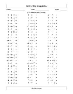 Subtracting Mixed Integers from -9 to 9 (75 Questions)