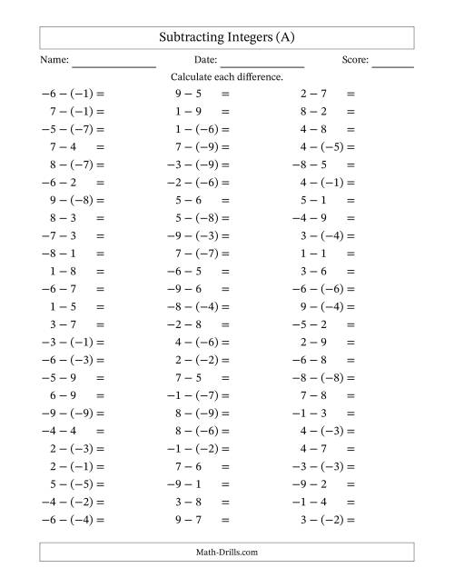The Subtracting Mixed Integers from -9 to 9 (75 Questions) (A) Math Worksheet