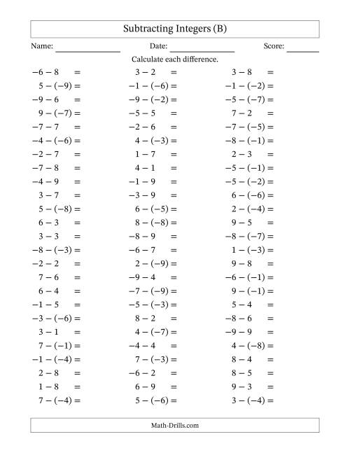 The Subtracting Mixed Integers from -9 to 9 (75 Questions) (B) Math Worksheet